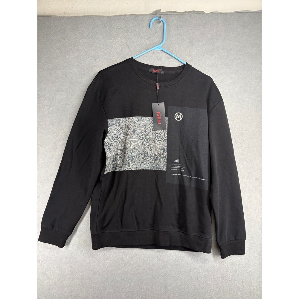 ISEN UOMO Black Graphic Crewneck Sweatshirt Mens‎ XL Patch Paisley Print